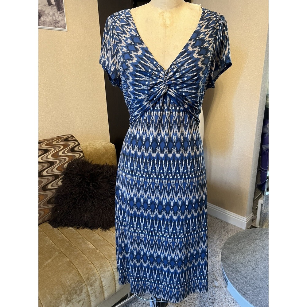 BCBG MAXAZRIA Knee Midi NEW! Women's Blue/ Beige Sz L‎ Short Sleeves $160